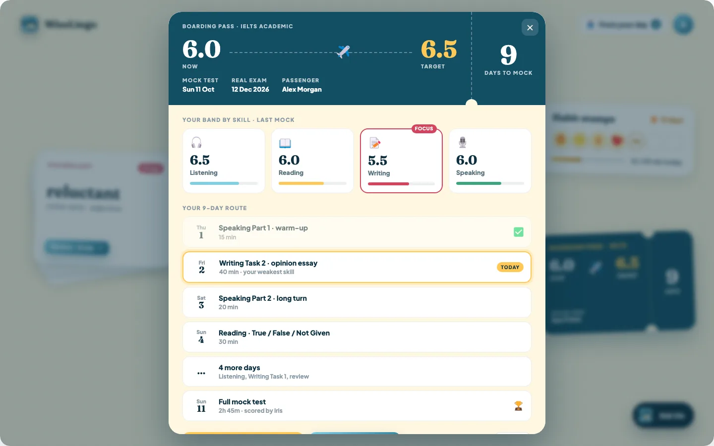 An IELTS boarding pass: your band now, your target, and the days left to your mock test