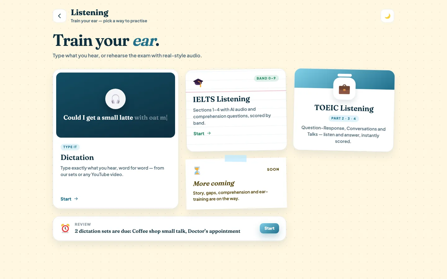 The Listening screen in WiseLingo